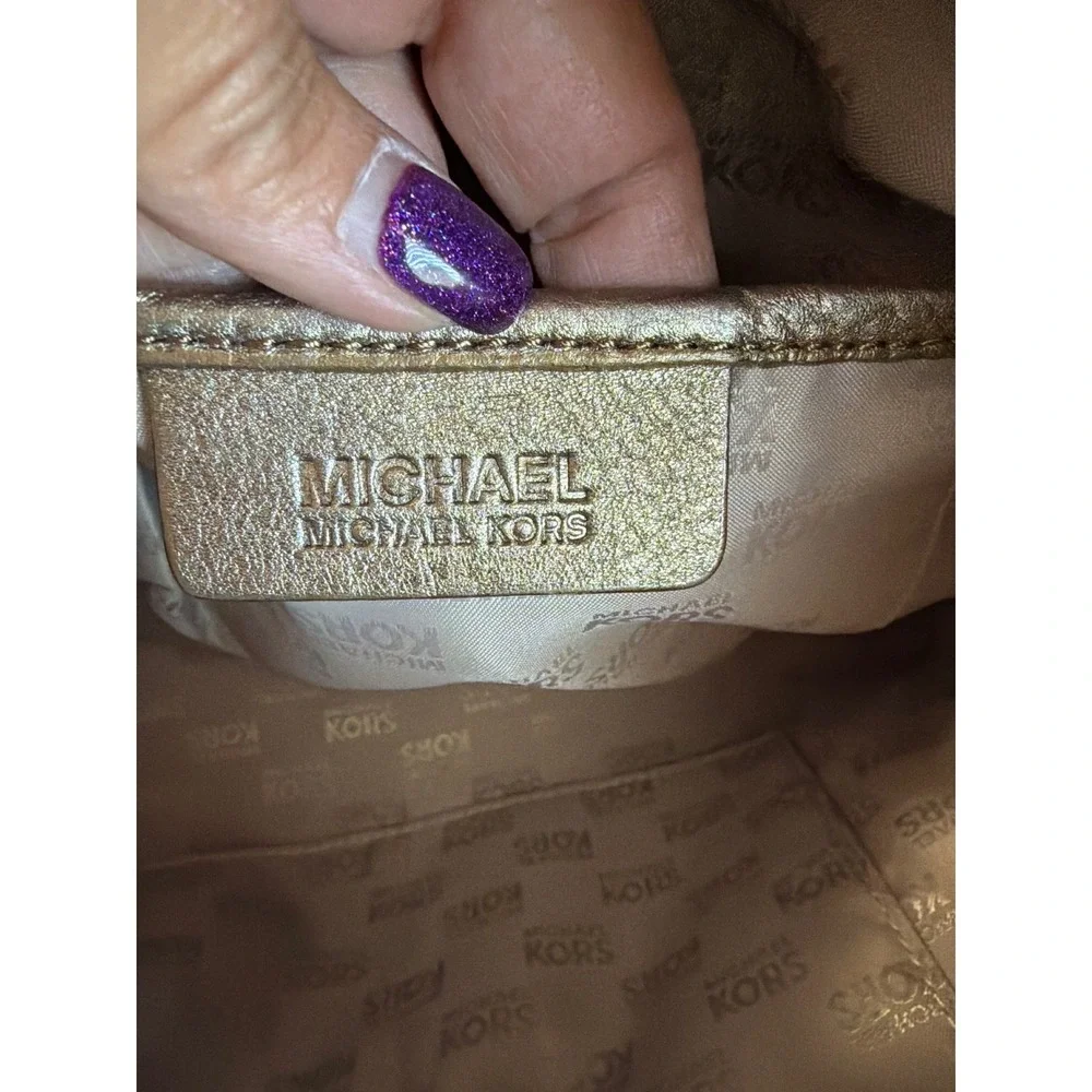 Michael Kors Monogram Tote Bag Gold Metallic Trim Jacquard Canvas Large Shoulder